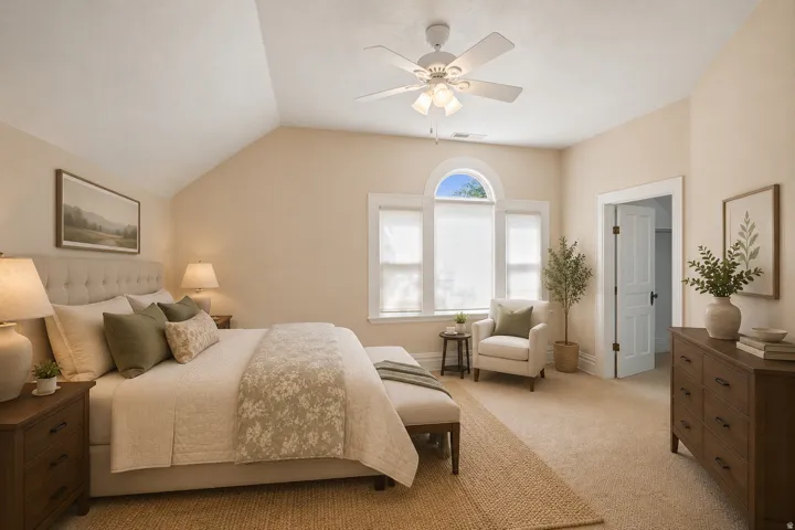Primary bedroom rendering with furniture