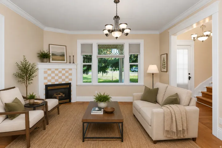 Living area featuring a checkered tile fireplace with a mantel, multiple windows, a decorative chandelier, recessed lighting, and wood-finish flooring