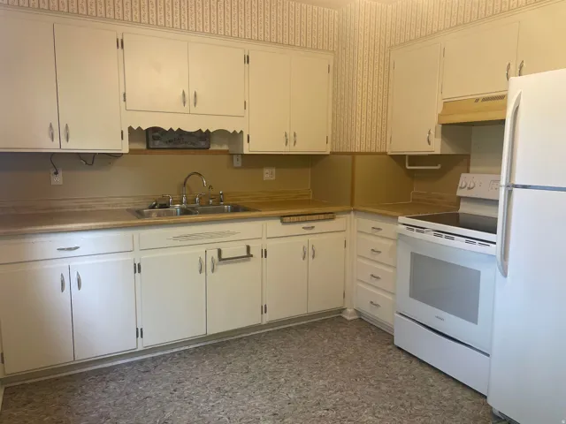 Kitchen featuring extensive white cabinetry, wood-finish countertops, and a double basin stainless steel sink