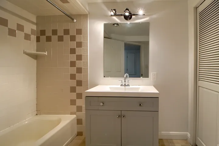 Contemporary bathroom featuring a gray vanity with dual-door cabinetry and a white rectangular sink, paired with a polished chrome faucet and matching hardware