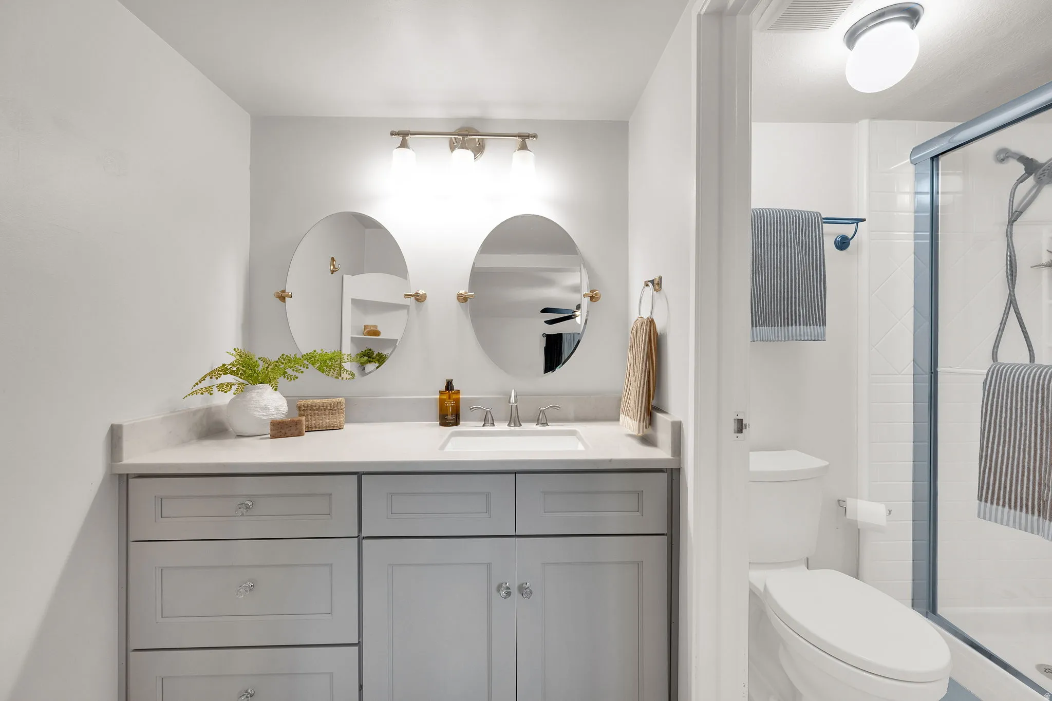 Dual oval mirrors with brass-finish hardware