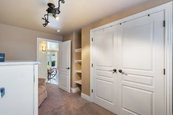 Carpeted flooring with built-in shelving and white paneled doors featuring dark hardware
