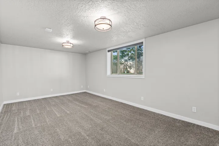 Spacious room featuring neutral wall finishes, plush carpet flooring, and abundant natural light from a large window