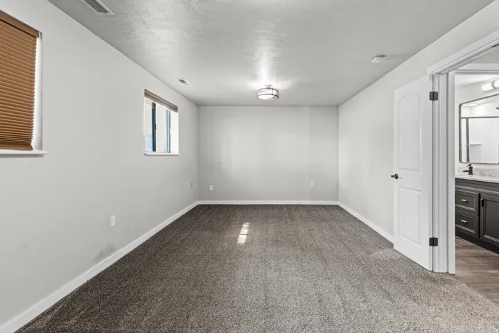 Neutral wall finishes, recessed windows, textured carpeting, contemporary ceiling light fixture, and an arch-top interior door
