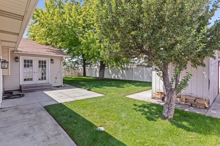 Spacious backyard retreat featuring a mature shade tree, lush manicured lawn, concrete patio, and detached storage structures