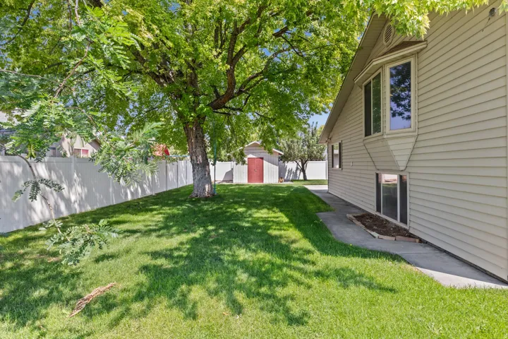 Expansive side yard featuring a mature shade tree, a white privacy fence, a red storage shed, and a concrete pathway