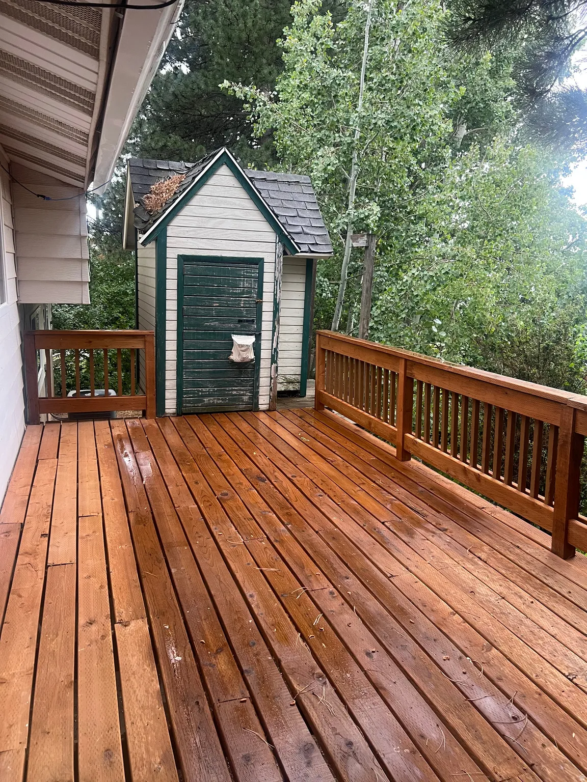 Expansive wood deck with a natural wood railing