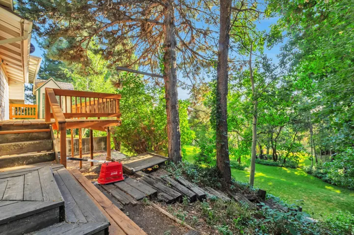 Expansive backyard oasis featuring mature hardwood trees, lush green lawn, and multi-level composite decking with wooden railings