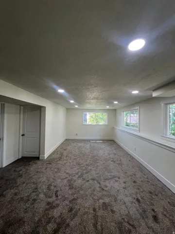 Recessed lighting, multiple windows, plush carpet flooring, white trim, and a paneled door