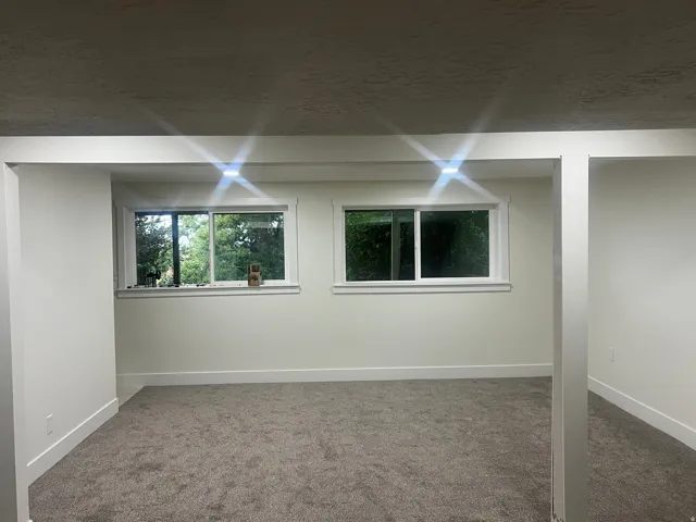 Two bright windows, neutral wall tones, and gray carpeting