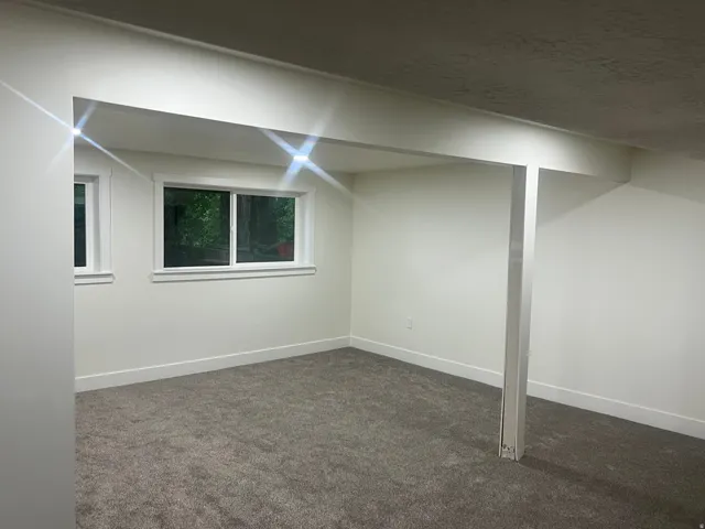 Spacious room with gray carpet, white walls, and two windows
