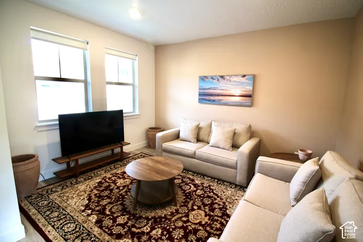 Living space featuring two large windows, neutral wall tones, light wood-finish flooring, and recessed ceiling lighting