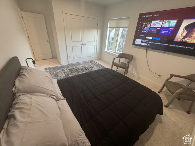 Carpeted room featuring a window with roller shade, a built-in wall-mounted television, and a double-door closet with paneling