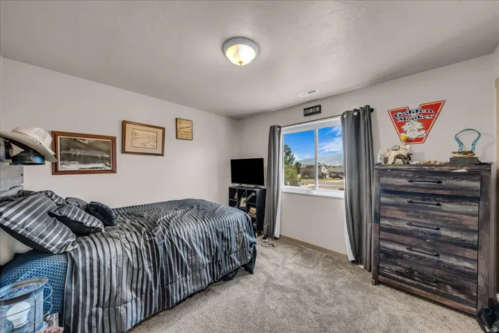 Spacious secondary bedroom featuring neutral carpeting, dual-pane sliding glass doors with thermal curtains, wood-finish dresser with drawer storage, ceiling-mounted light fixture, and framed wall décor