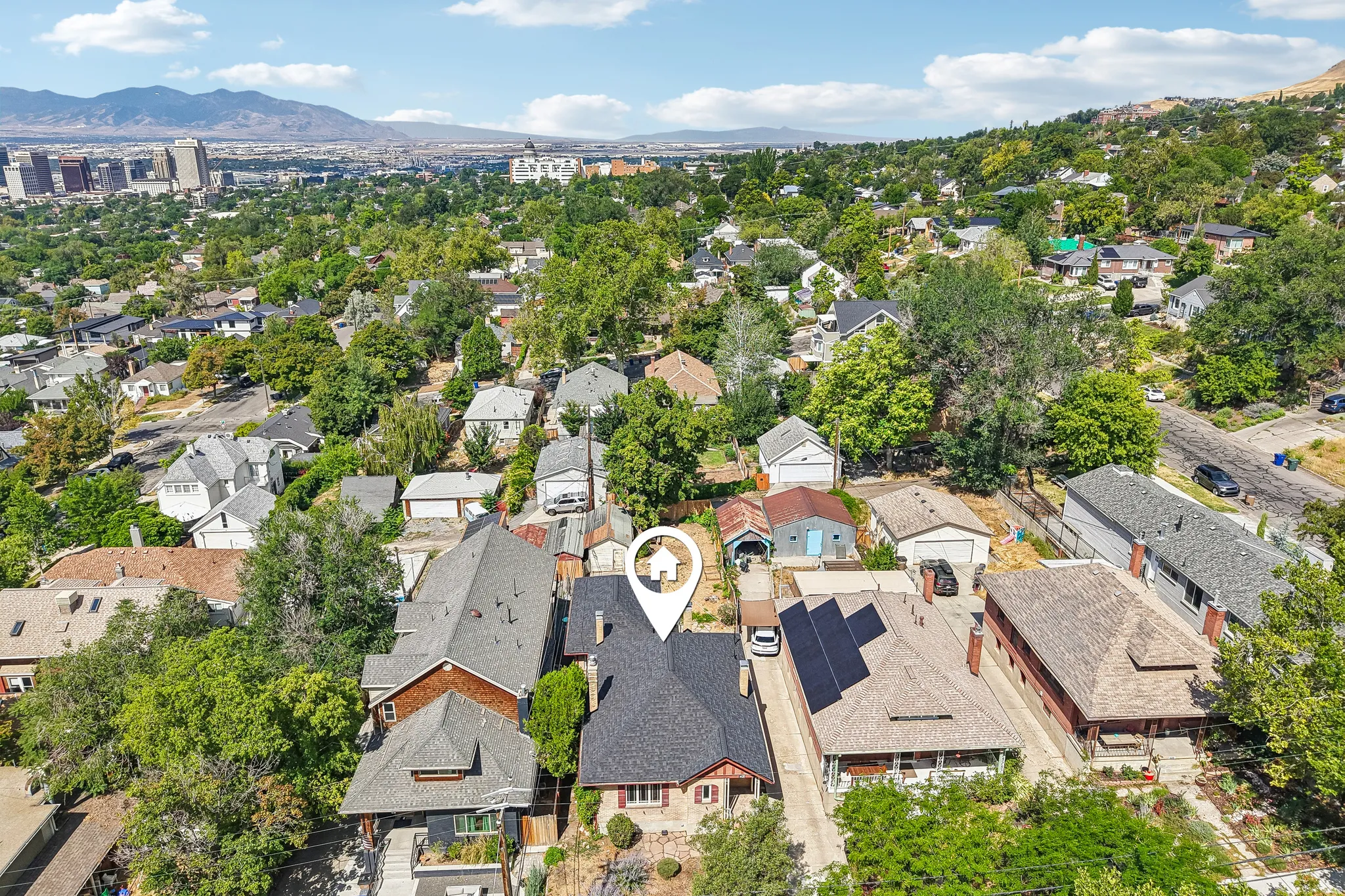 Aerial view of a residential neighborhood with varied architectural styles