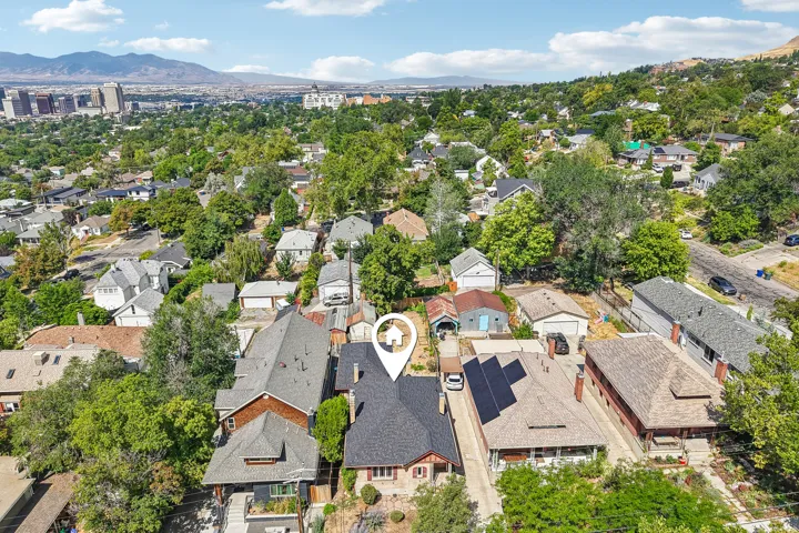 Aerial view of a residential neighborhood with varied architectural styles