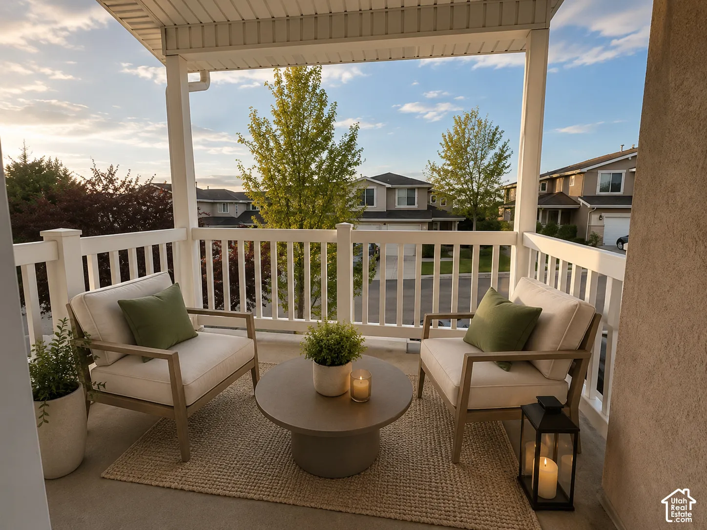 Covered second-story deck featuring white vertical railings, composite decking, and integrated ceiling structure