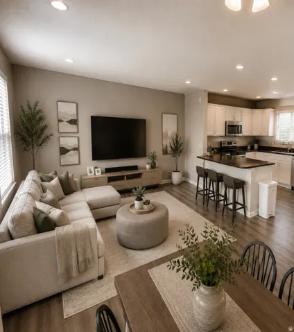Open-concept living space featuring wood-finish flooring, recessed lighting, and a kitchen island with seating