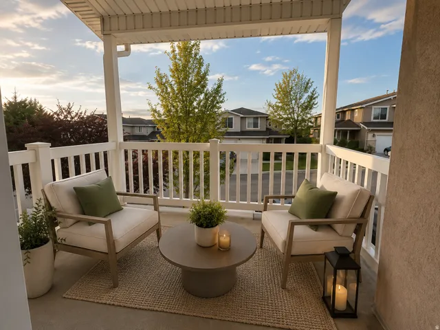Covered second-story deck featuring white vertical railings, composite decking, and integrated ceiling structure