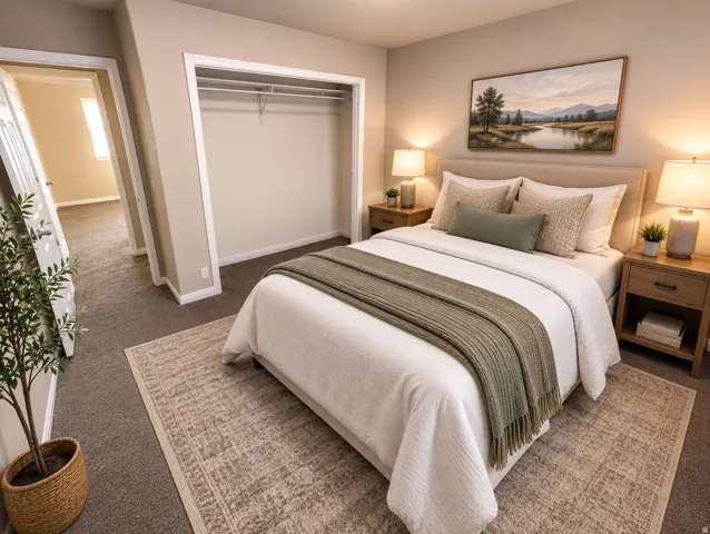 Carpeted flooring, neutral wall tones, and a built-in closet with shelving and hanging rod