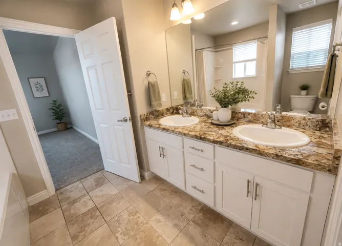 Double vanity with a granite countertop, dual undermount sinks, and white cabinetry