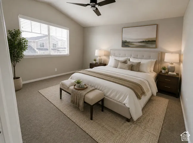 Primary Bedroom with Ceiling Fan and Natural LightSpacious primary bedroom featuring large windows with plantation shutters flooding the room with natural light, neutral wall finishes, and a ceiling fan