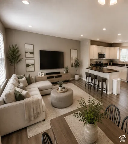 Open-concept living space featuring wood-finish flooring, recessed lighting, and a kitchen island with seating
