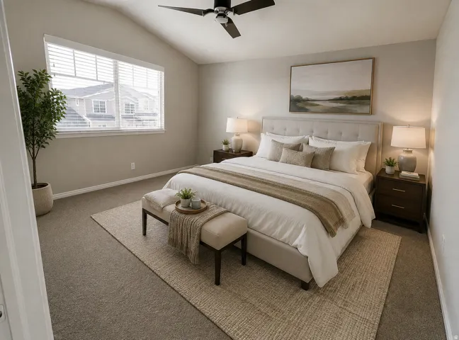 Primary Bedroom with Ceiling Fan and Natural LightSpacious primary bedroom featuring large windows with plantation shutters flooding the room with natural light, neutral wall finishes, and a ceiling fan