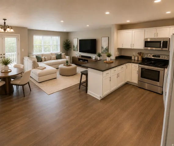 Open-concept living space featuring warm wood-finish flooring throughout, a white cabinetry kitchen with stainless steel appliances and dark countertops, recessed ceiling lighting, and a spacious layout combining kitchen, dining, and living areas with lar
