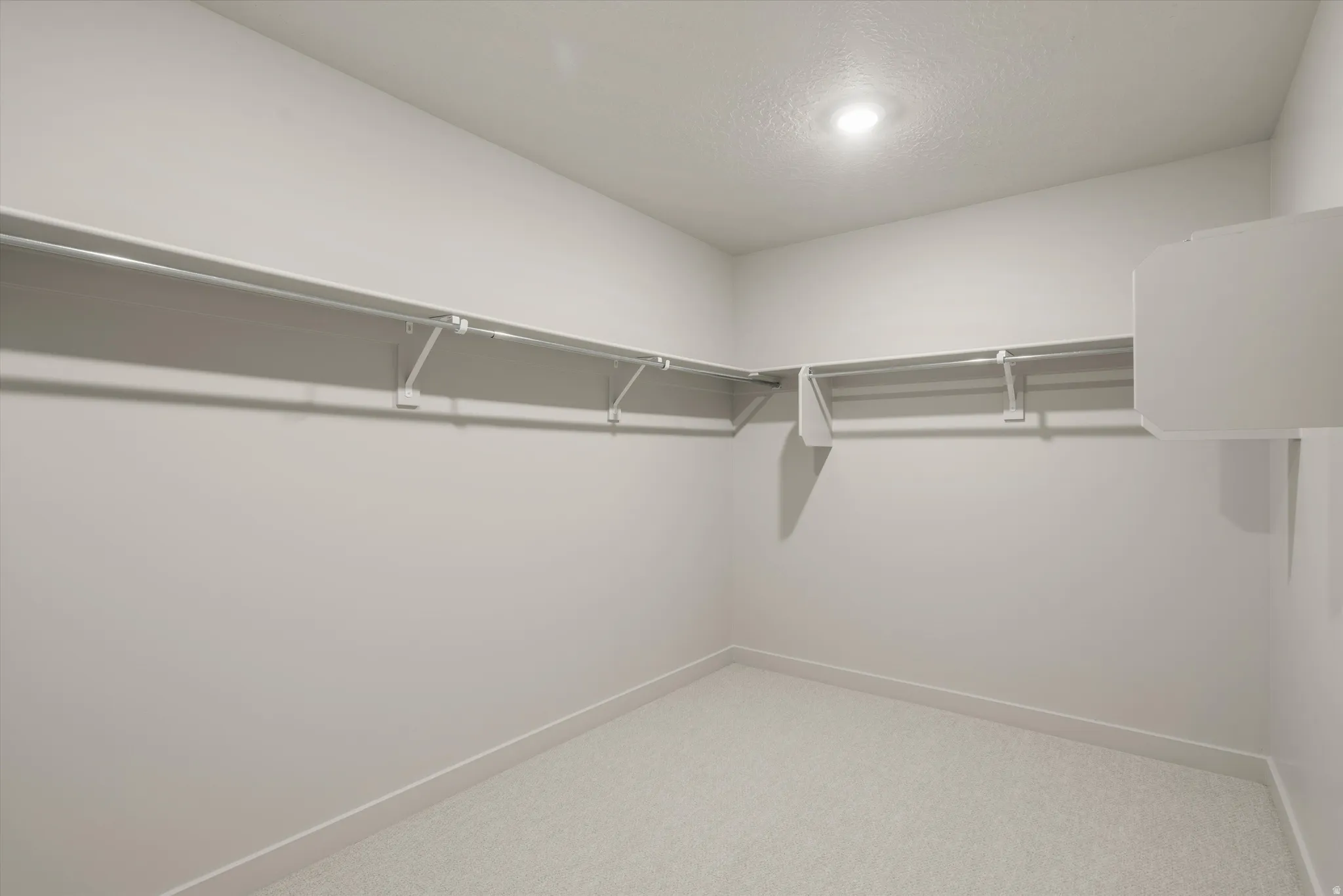 **DISCLAIMER** Interior package may vary. Spacious walk-in closet featuring dual aluminum hanging rods with hooks, neutral carpet flooring, and recessed ceiling lighting