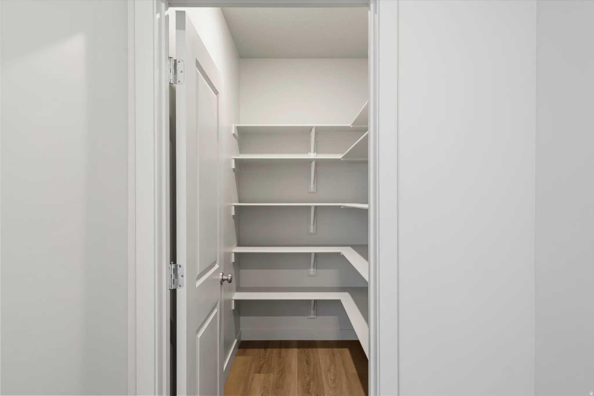 **DISCLAIMER** Interior package may vary. Spacious pantry with built-in shelving, wood-finish flooring, and a white paneled door