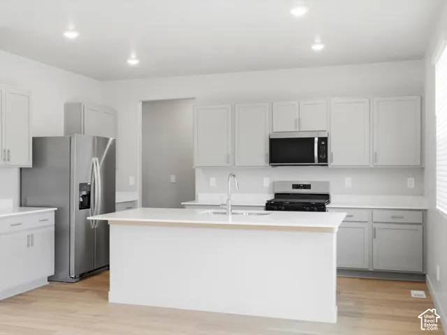 Kitchen featuring light gray shaker-style cabinetry, white countertops, a center island with a stainless steel faucet, wood-finish flooring, and stainless steel appliances