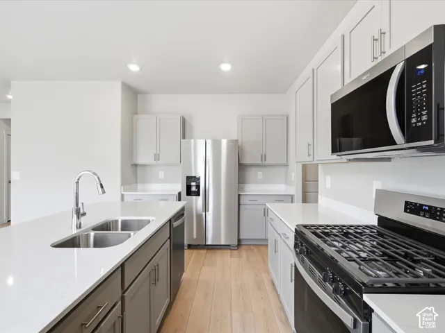 Kitchen featuring light-toned cabinetry, quartz countertops, a central island with an undermount dual-basin stainless steel sink, stainless steel appliances, and wood-finish flooring