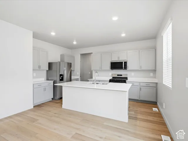 Kitchen featuring light gray cabinetry, solid-surface countertops, a center island with a dual-basin undermount sink, stainless steel appliances, and wood-finish flooring