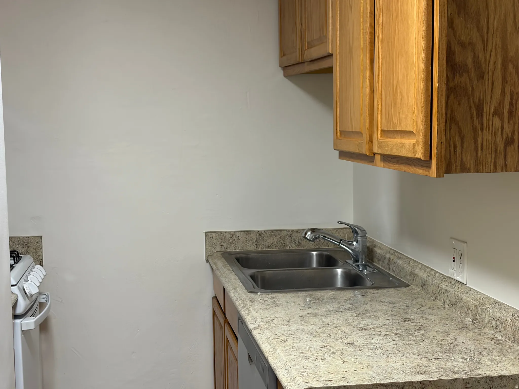 Wood-finish cabinetry paired with a double basin stainless steel sink and a multi-speckled countertop