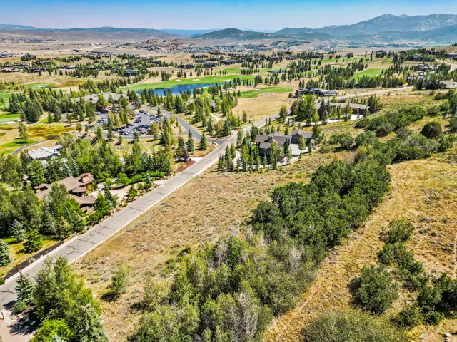 Expansive aerial view showcasing rolling terrain with mature tree-lined landscaping, a private paved driveway, and distant mountain vistas