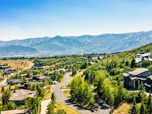Mountain landscape backdrop with a winding paved road, lush green foliage, and multiple residential properties
