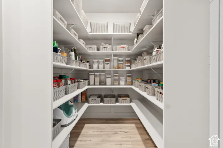 Walk-in pantry featuring extensive white shelving