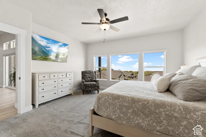 Bright bedroom featuring a series of three large windows, light grey carpeting, and a ceiling fan with integrated lighting