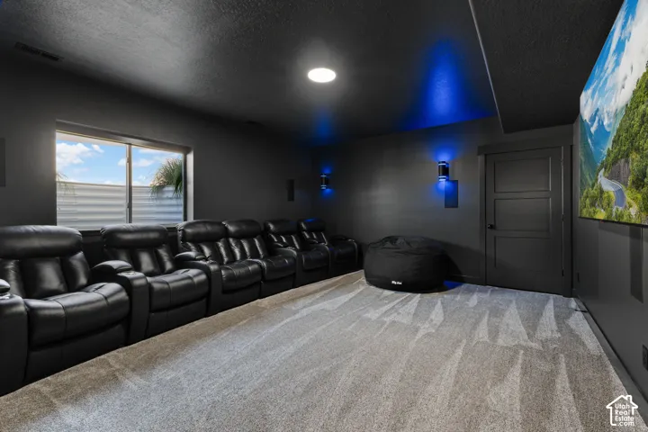 Dedicated entertainment space featuring a large projection screen, dark accent walls, and recessed lighting
