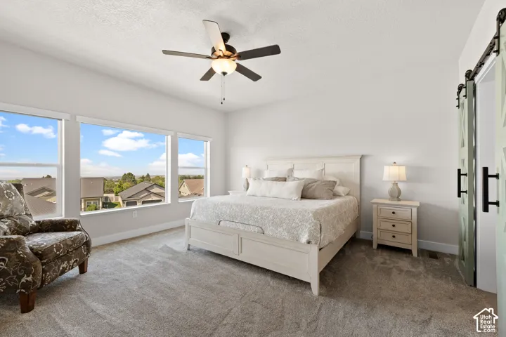 Bedroom featuring three large windows, a ceiling fan with integrated lighting, and light-colored barn doors
