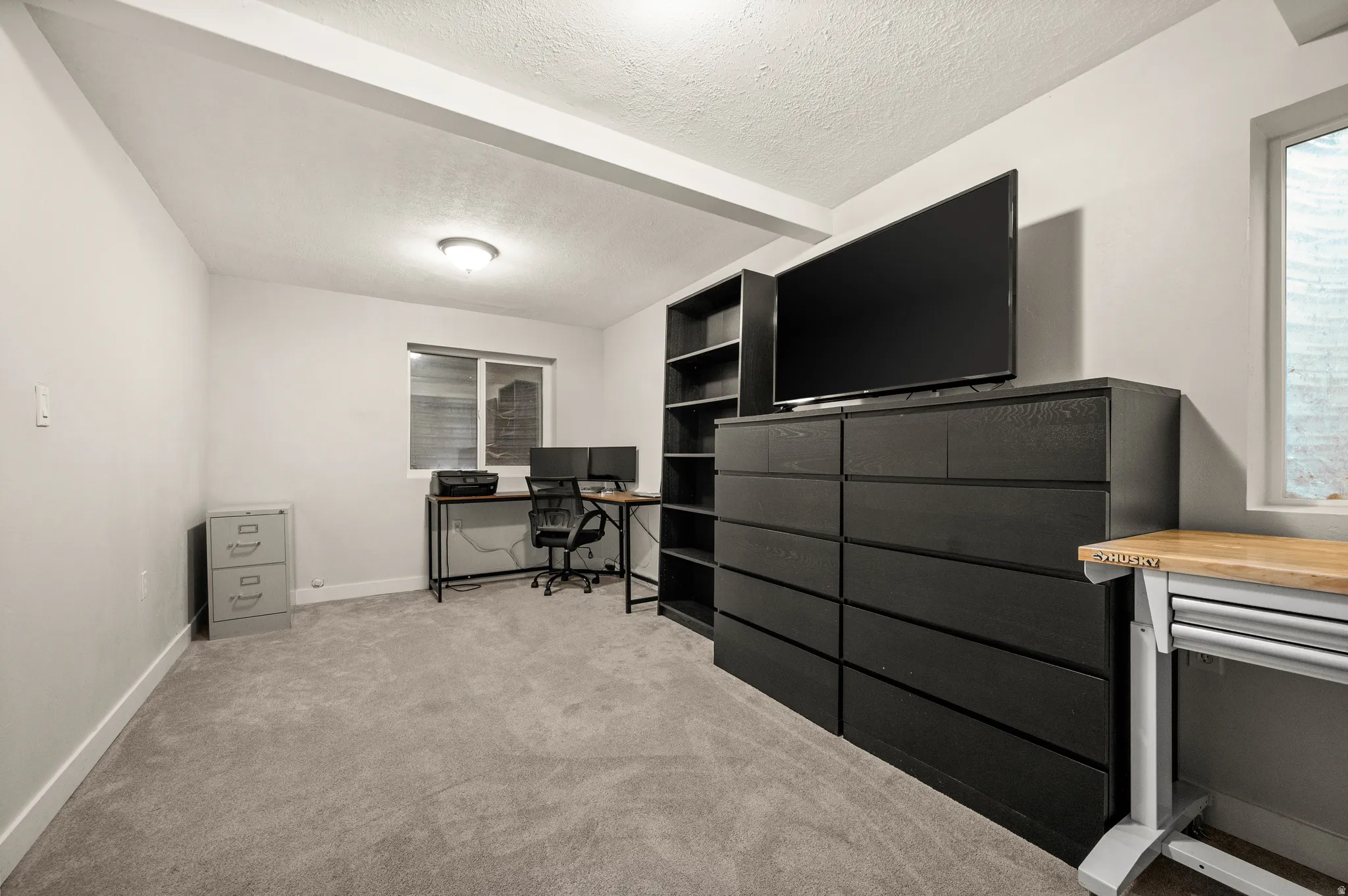 Carpeted room featuring a window with a frosted glass pane and a built-in ceiling light fixture