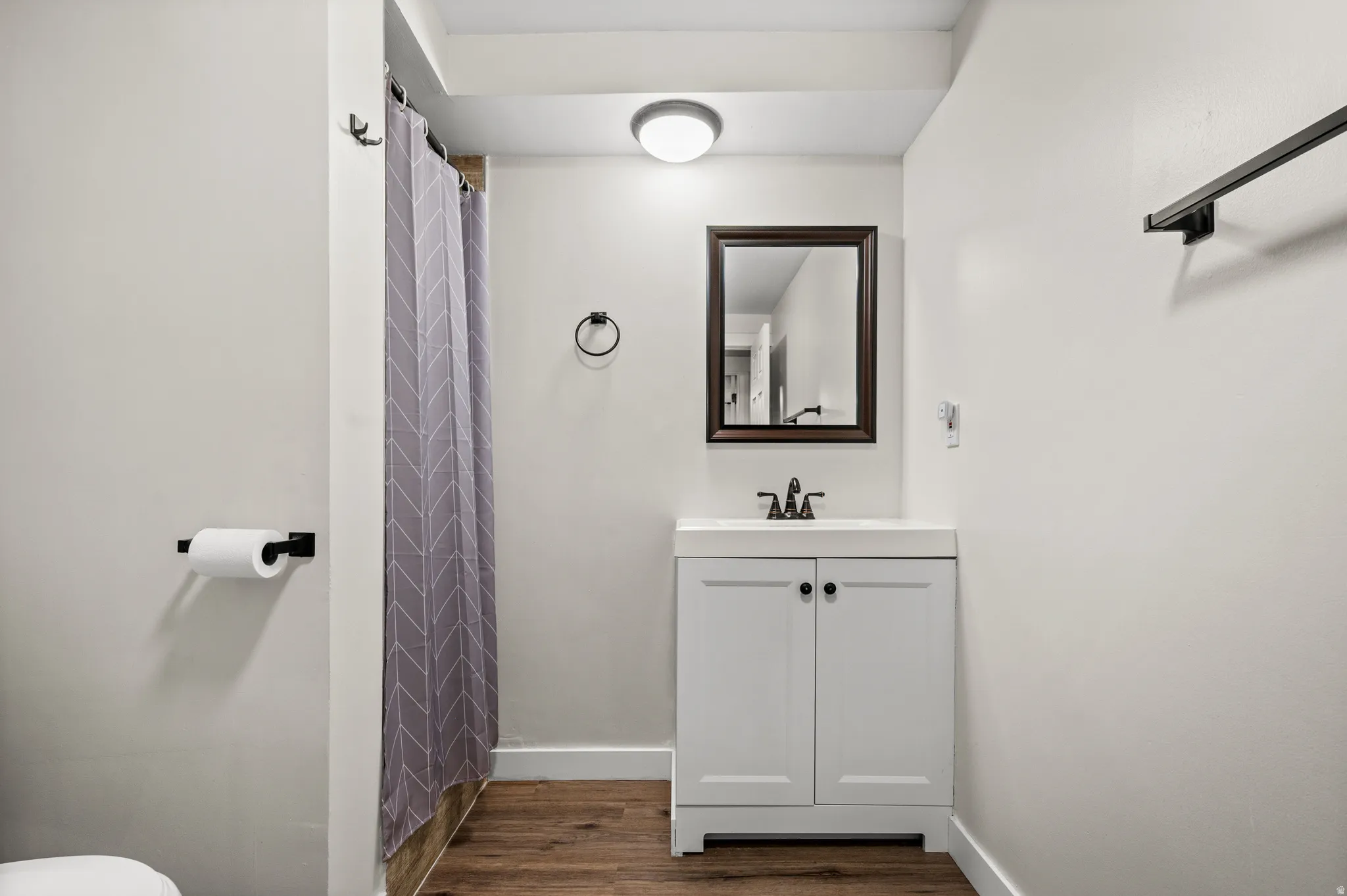 Bathroom featuring wood-finish flooring, a white vanity with black hardware, a framed mirror, and a shower area with a curtain