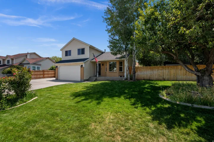 Two-story residence featuring a two-car garage, concrete driveway, and mature landscaping
