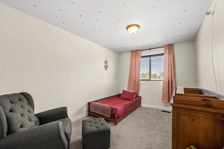 Bright room featuring a window with blinds, carpet flooring, and a ceiling light fixture