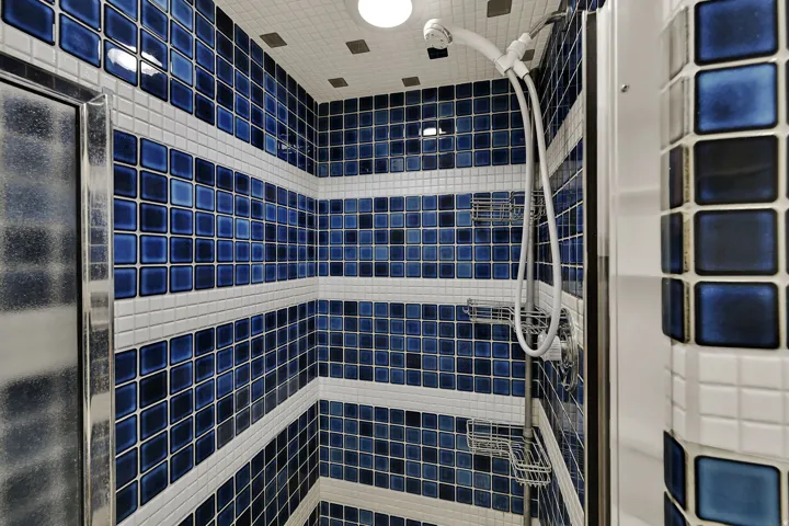 Modern shower enclosure featuring deep navy blue tile walls with contrasting white tile accents, chrome showerhead and fixtures, and recessed ceiling lighting for a spa-like bathing experience
