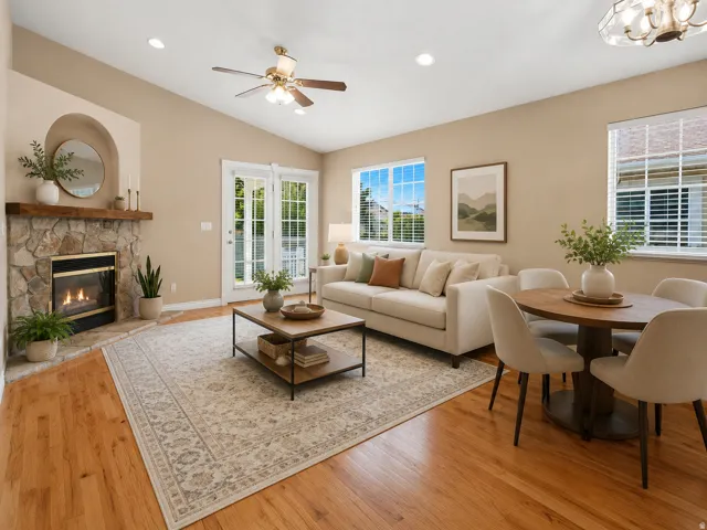 Spacious living area featuring warm wood-finish flooring, a gas fireplace with stone surround, recessed ceiling lighting, and a ceiling fan AI staged