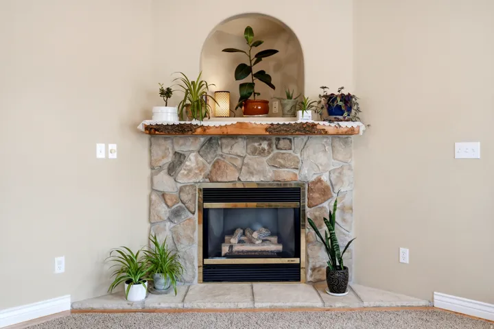 Stone-faced fireplace with a metal insert, natural wood mantel, and an arched wall niche
