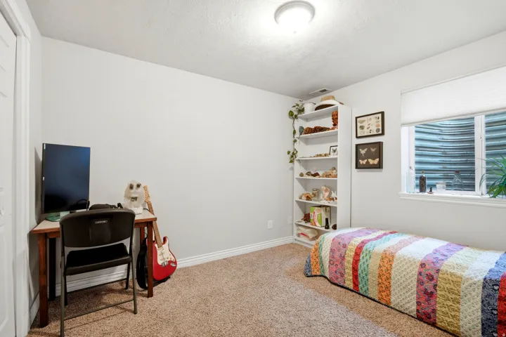 Bright secondary bedroom featuring neutral carpeting, large window with natural light, built-in shelving unit with display space, and a ceiling-mounted light fixture