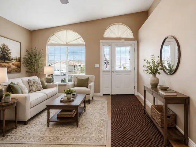 Vaulted ceiling with a ceiling fan, arched transom windows, double entry doors with sidelights, and a wood-finish console table AI staged